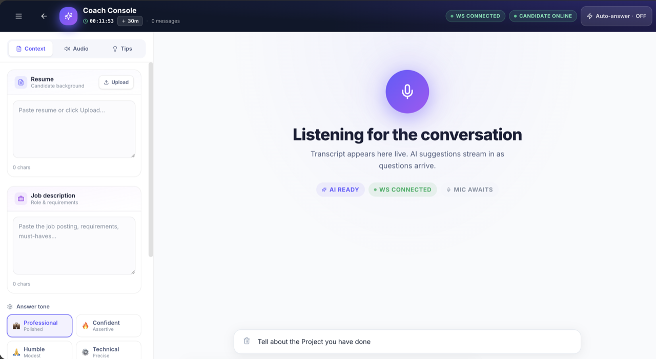 Coach dashboard with resume, transcript and Q&A history