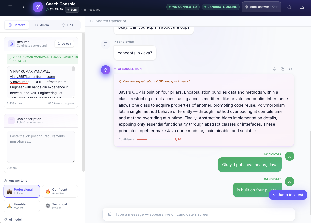 Speaker-tagged live transcript on the coach dashboard